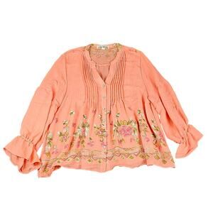 Hope Springs womens blouse 2XL coral embroidered flowers mid sleeve flowy boho